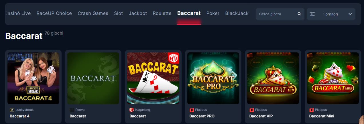 Prova il baccarat classico e VIP su RaceUp Casino
