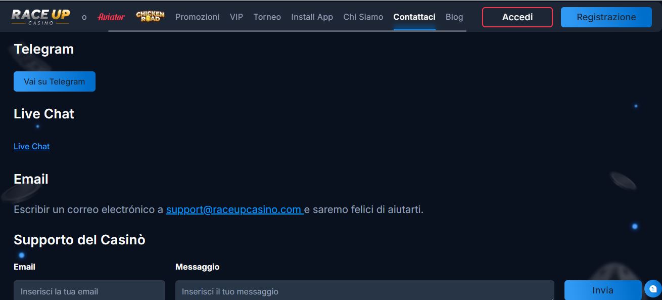 Contatta il supporto RaceUp tramite Telegram e live chat